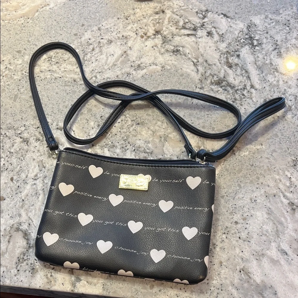 Betsey Johnson Black Crossbody Bag with White Hearts 8” X 6”